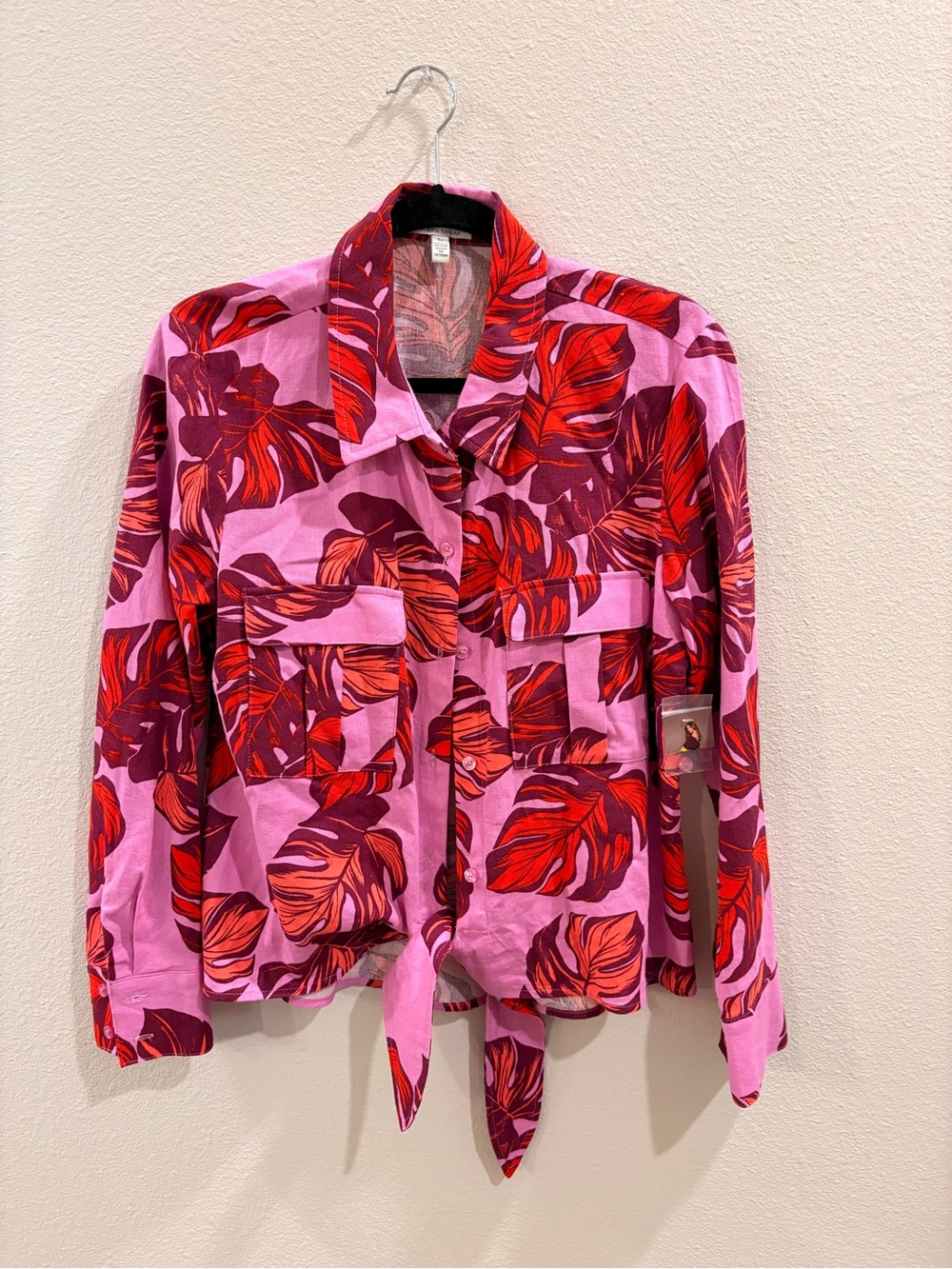 sofia by sofia vergara Pink and Red Tropical Print Tie-Front Blouse Linen Blend
